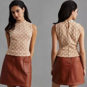 NWT Eva Franco Structured Mockneck Top Feminine Sleeveless Tan & Cream Neutral L